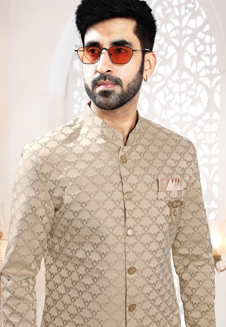 Beige Jacquard Indo Western Suit