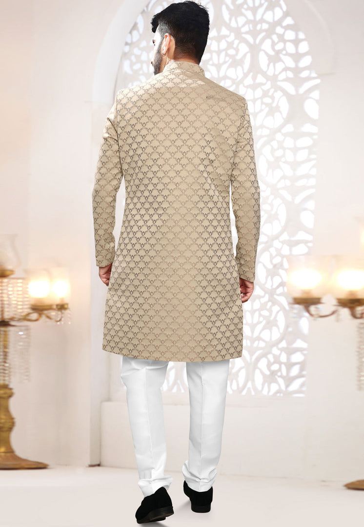 Beige Jacquard Indo Western Suit
