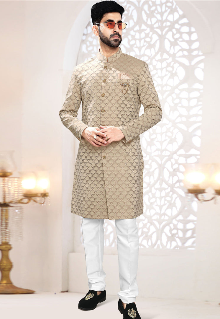 Beige Jacquard Indo Western Suit