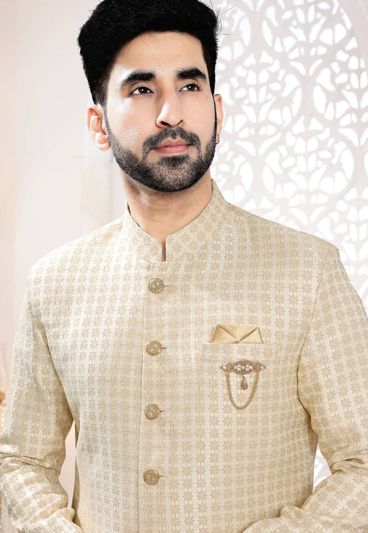 Beige Jacquard Indo Western Suit