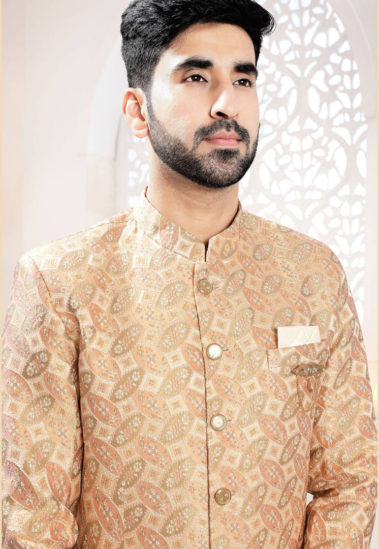 Beige Jacquard Indo Western Suit
