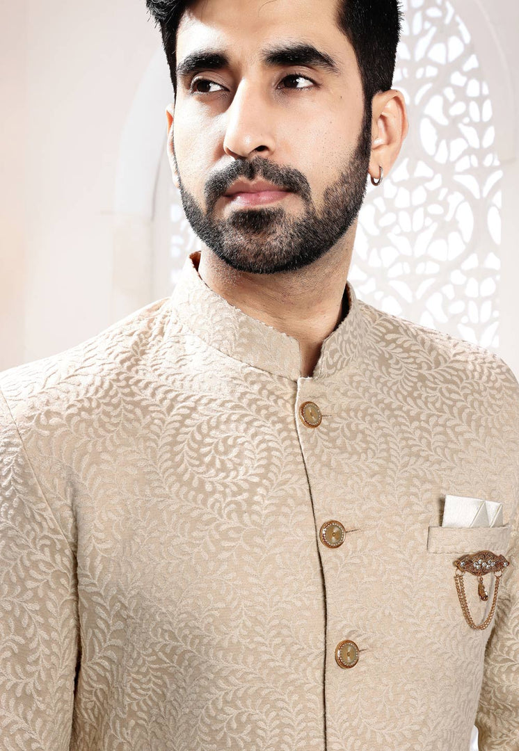 Beige Jacquard Indo Western Suit