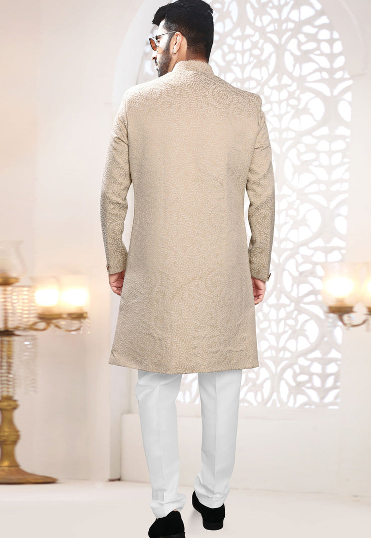 Beige Jacquard Indo Western Suit