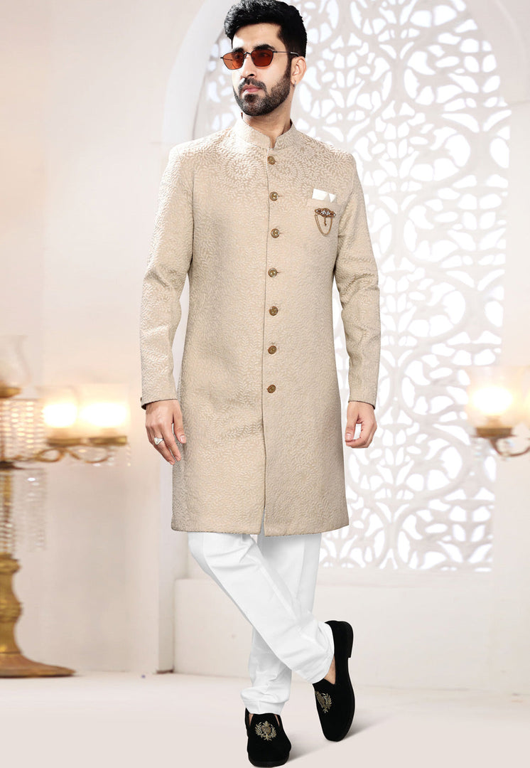 Beige Jacquard Indo Western Suit