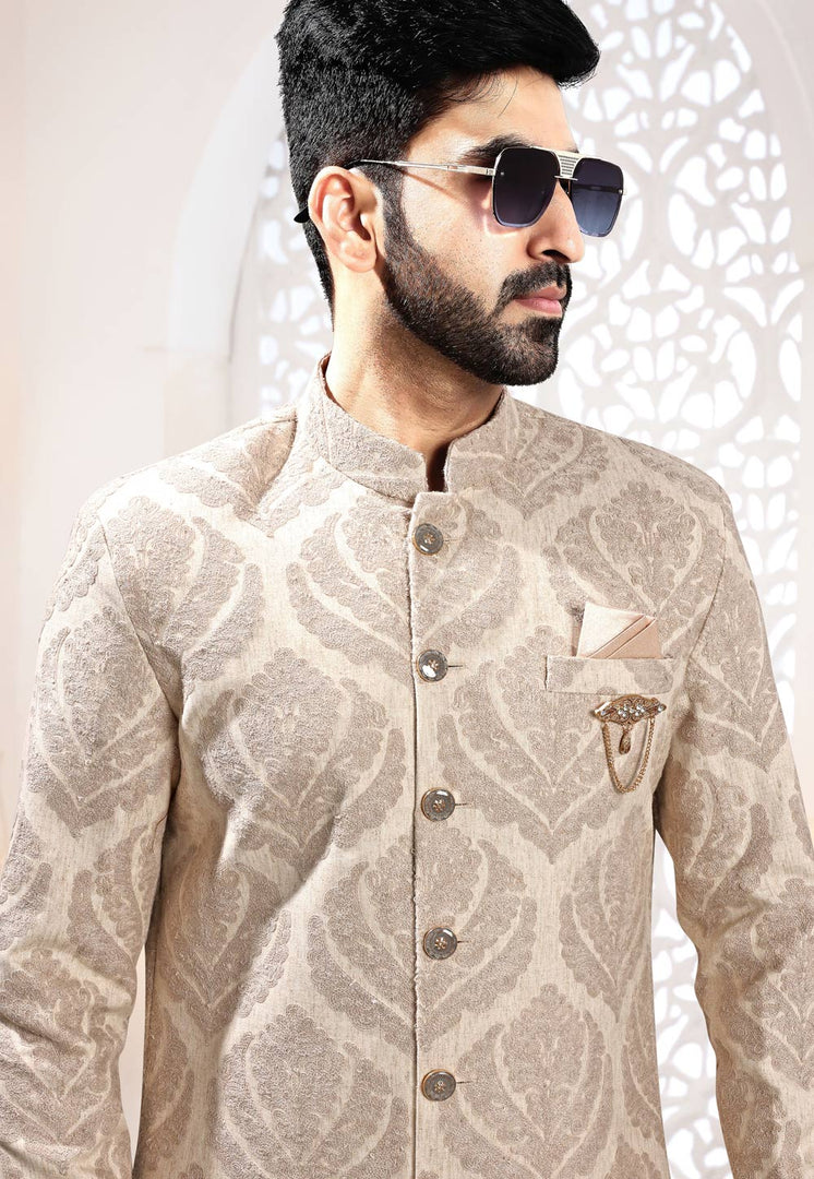 Beige Jacquard Indo Western Suit