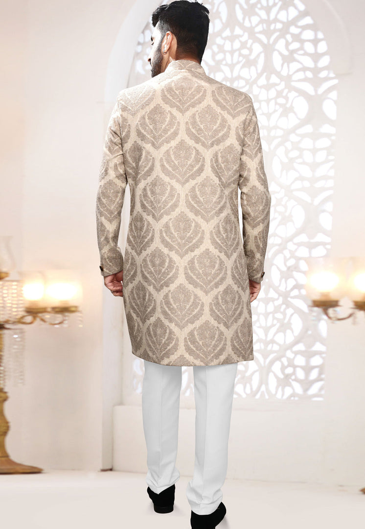 Beige Jacquard Indo Western Suit