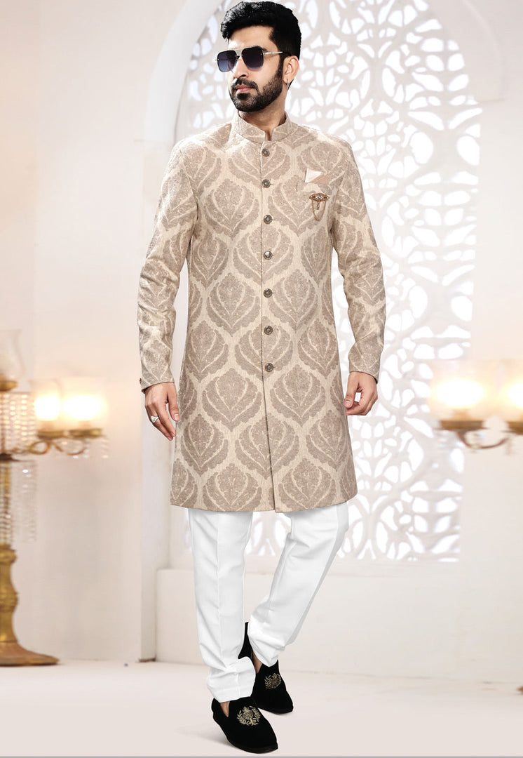 Beige Jacquard Indo Western Suit