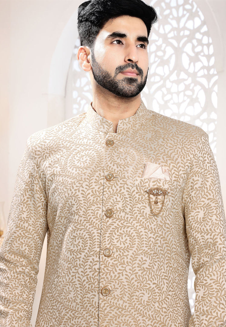 Beige Jacquard Indo Western Suit