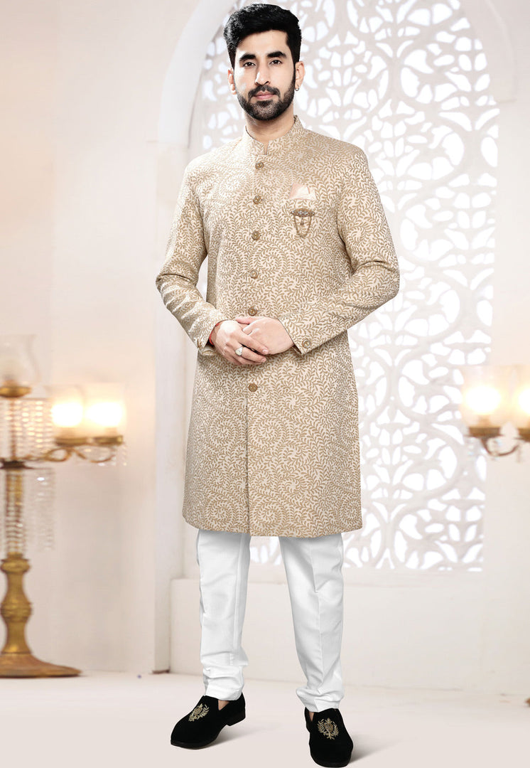 Beige Jacquard Indo Western Suit