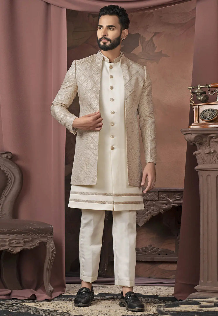 Beige Jacquard Jacket Style Sherwani