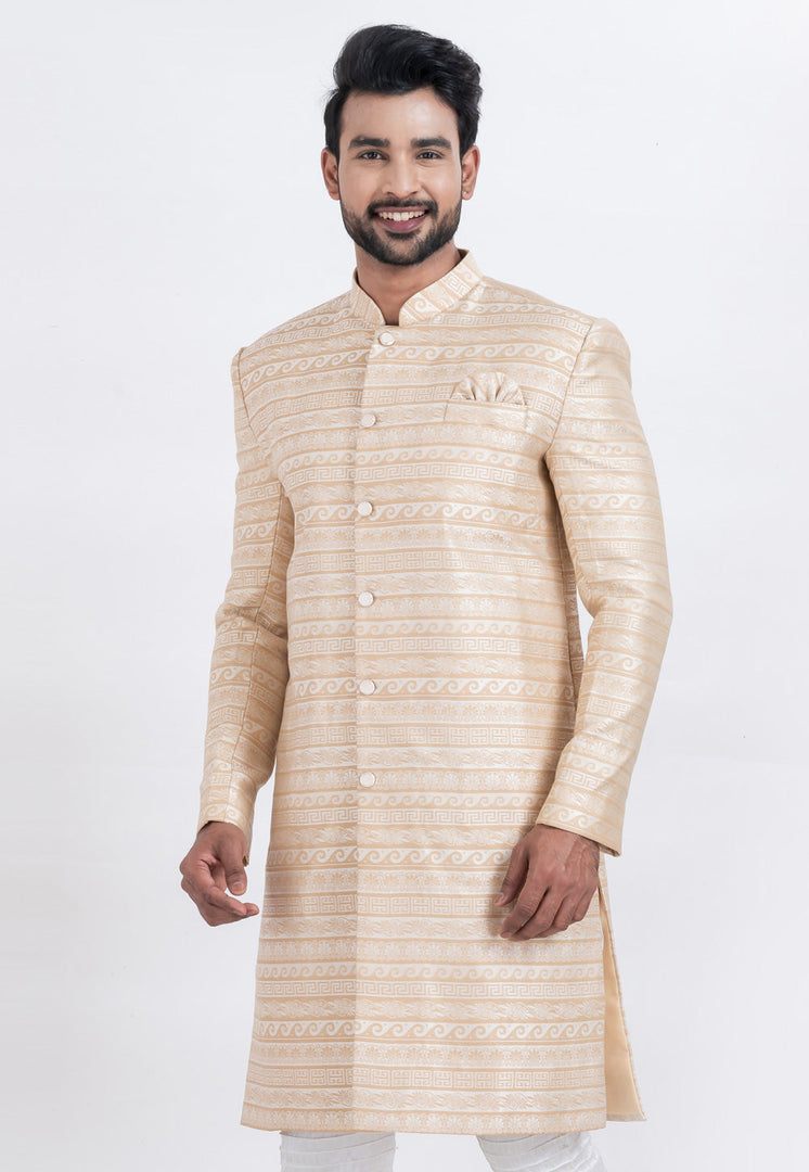Beige Jacquard Silk Indo Western Suit