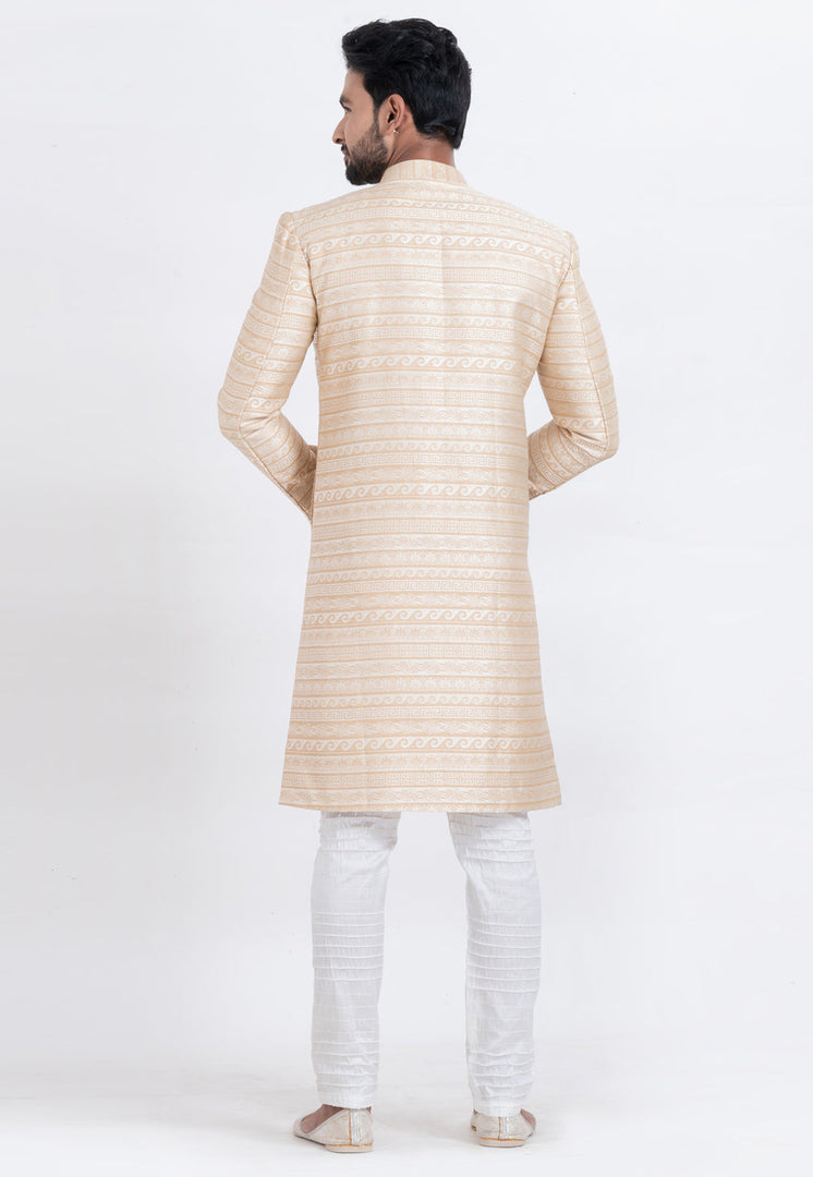 Beige Jacquard Silk Indo Western Suit