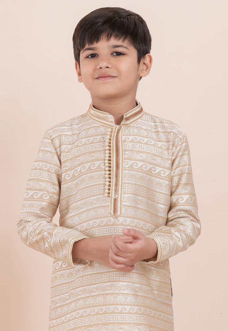 Beige Jacquard Silk Kids Kurta Pajama