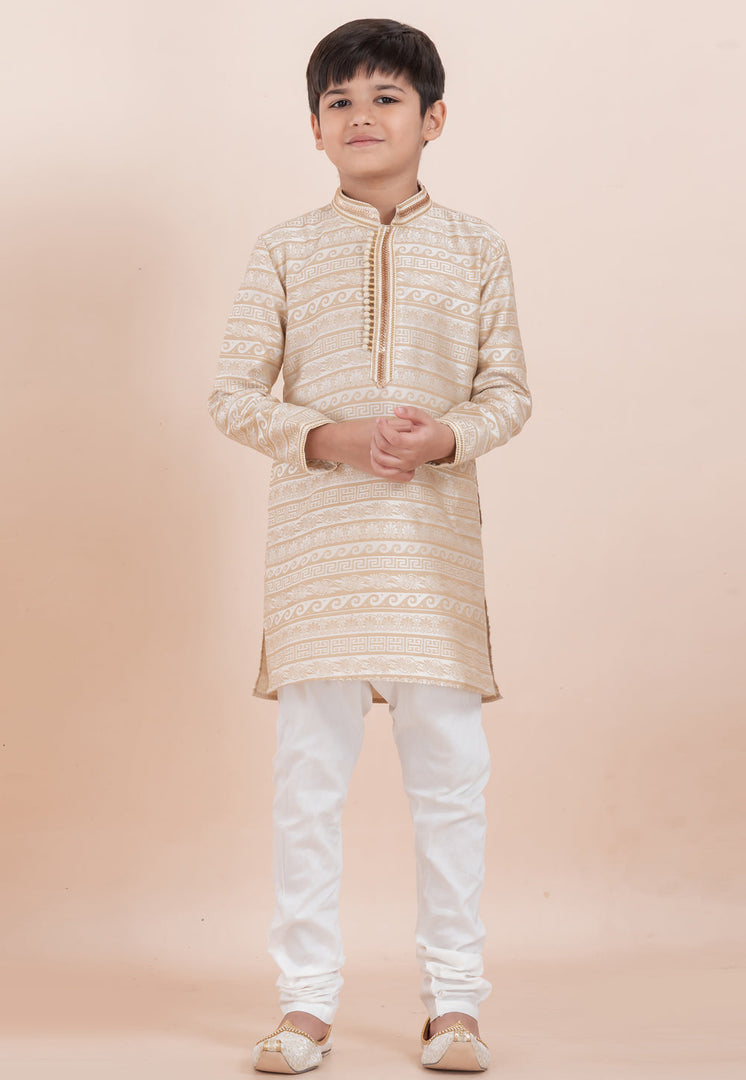 Beige Jacquard Silk Kids Kurta Pajama