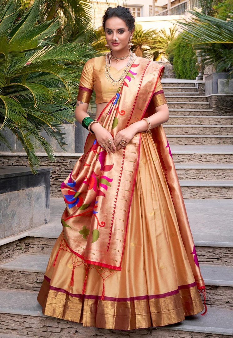 Beige Jacquard Silk Lehenga Choli