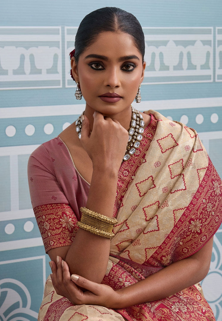 Beige Kanjivaram Silk Saree With Blouse