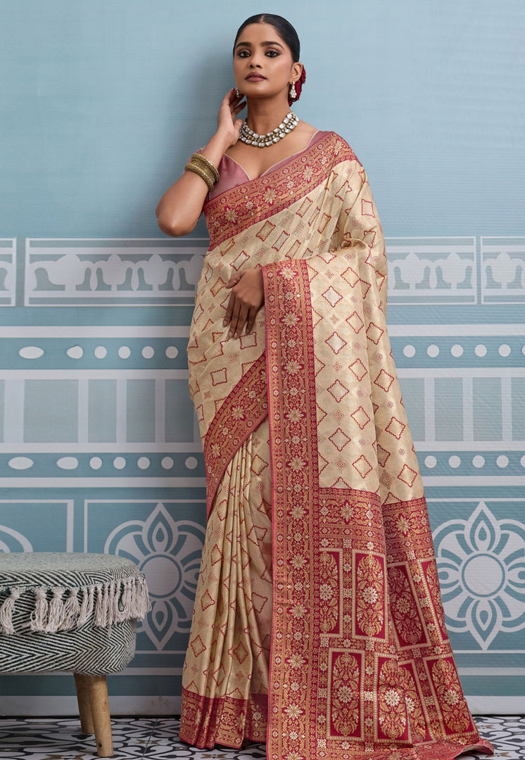 Beige Kanjivaram Silk Saree With Blouse