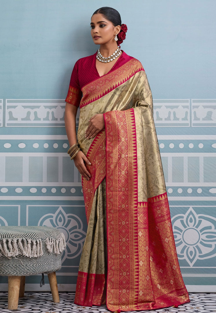 Beige Kanjivaram Silk Saree With Blouse