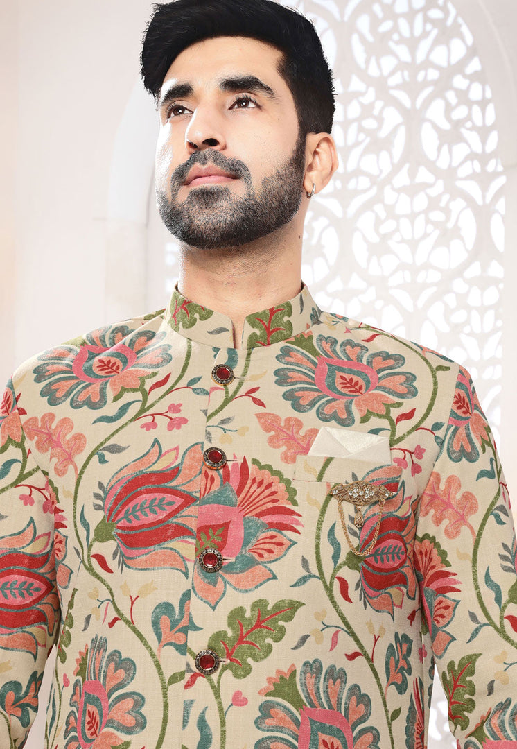 Beige Linen Indo Western Suit