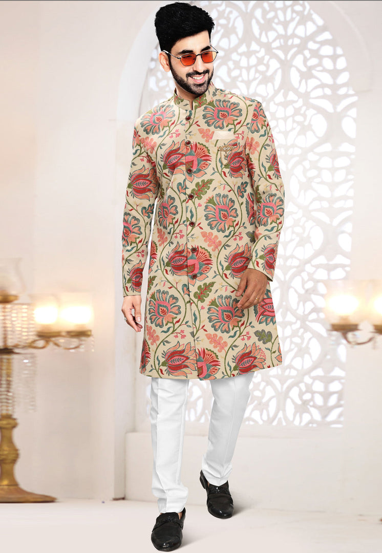 Beige Linen Indo Western Suit