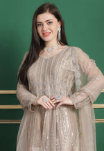 Load image into Gallery viewer, Beige Net Embroidered Anarkali Suit
