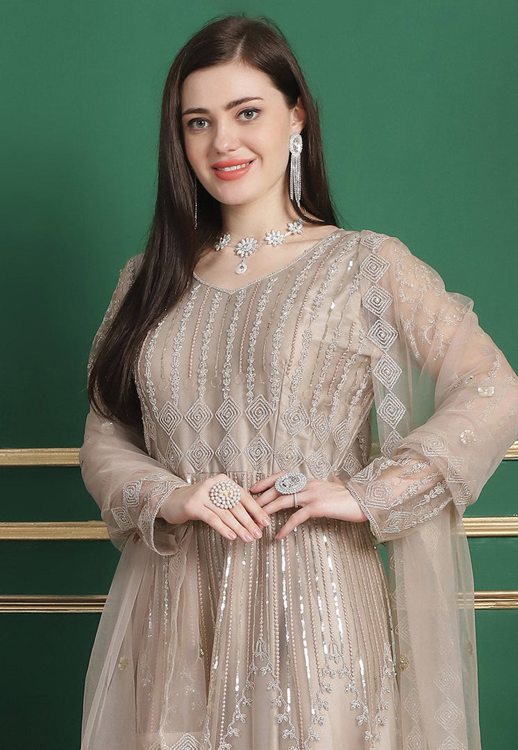 Beige Net Embroidered Anarkali Suit