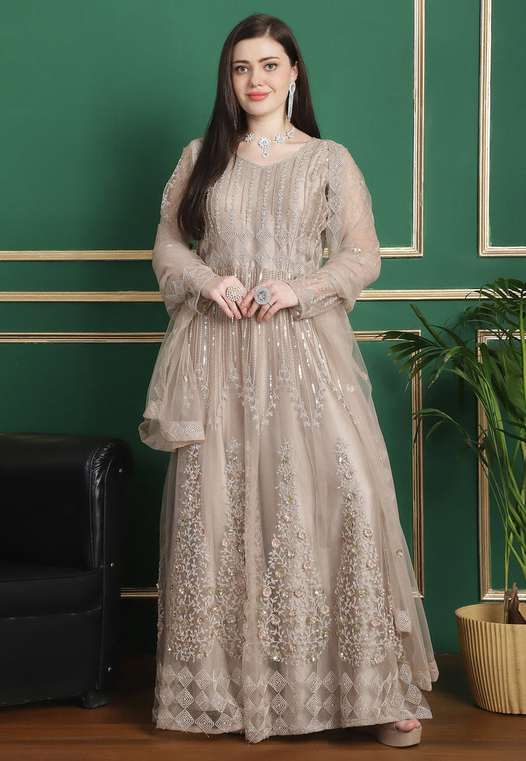 Beige Net Embroidered Anarkali Suit