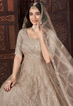 Load image into Gallery viewer, Beige Net Embroidered Readymade Long Anarkali Suit
