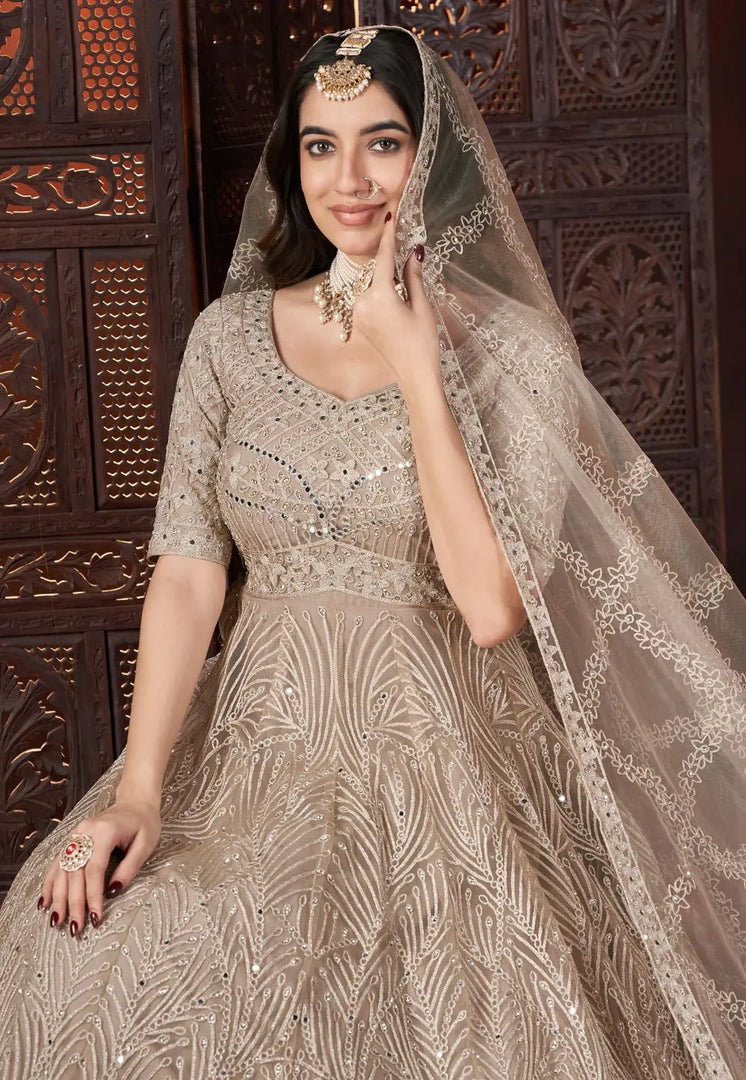 Beige Net Embroidered Readymade Long Anarkali Suit