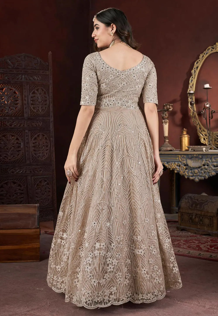Beige Net Embroidered Readymade Long Anarkali Suit