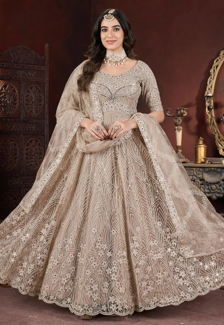Beige Net Embroidered Readymade Long Anarkali Suit