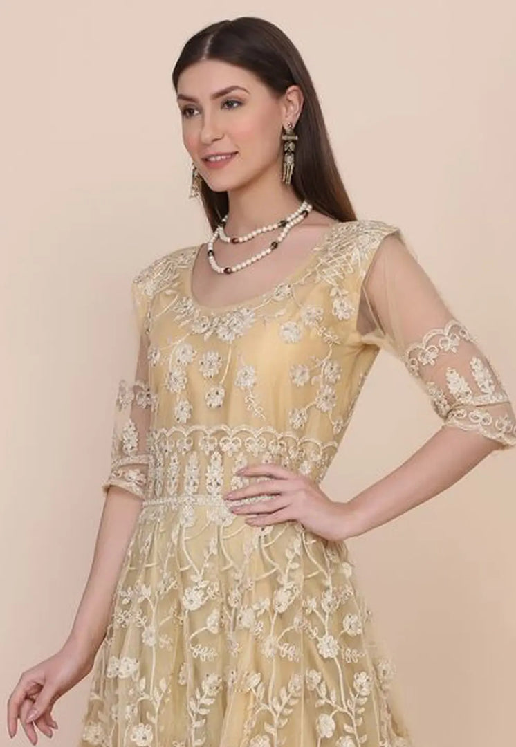 Beige Net Long Anarkali Suit