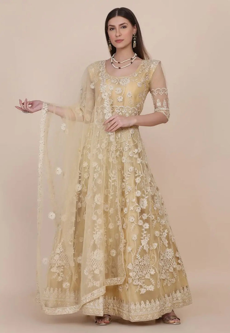 Beige Net Long Anarkali Suit