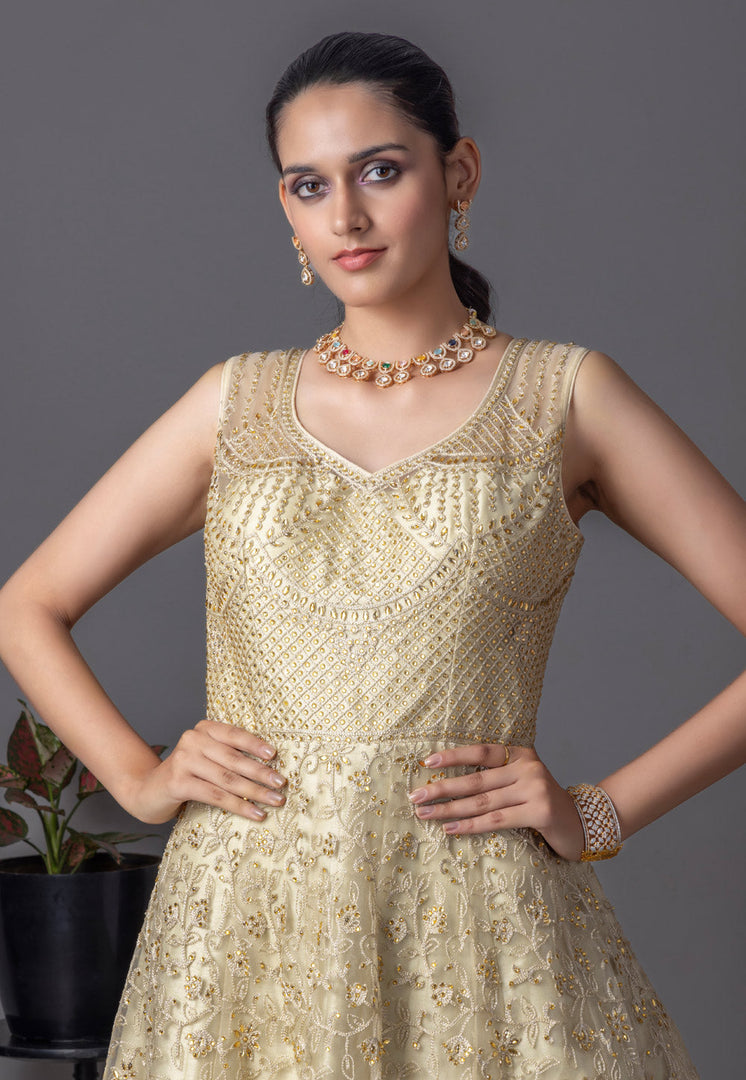 Beige Net Readymade Long Anarkali Suit