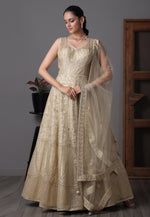 Load image into Gallery viewer, Beige Net Readymade Long Anarkali Suit
