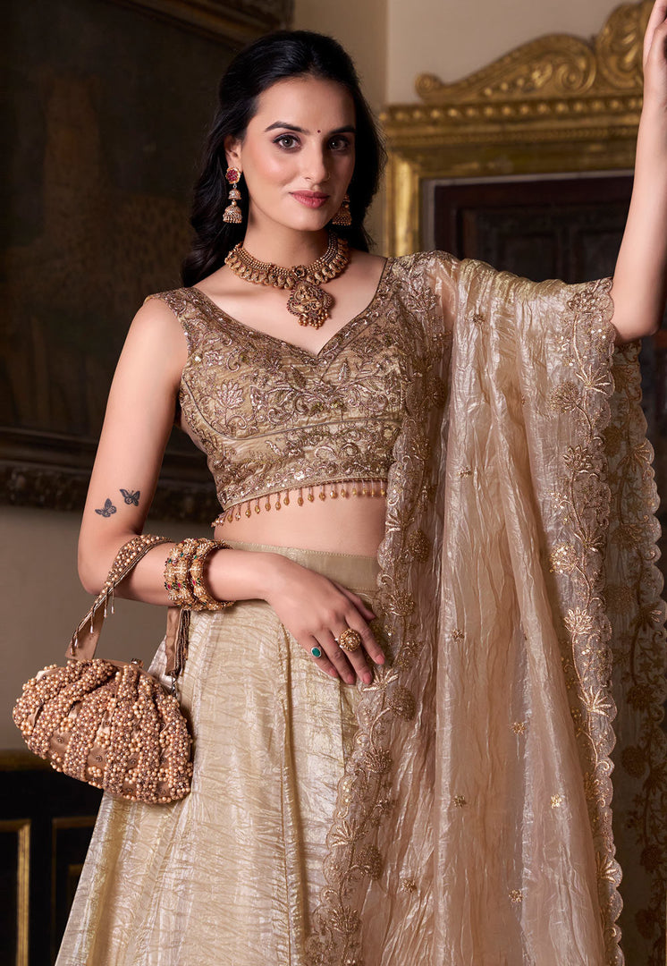 Beige Organza Circular Lehenga Choli