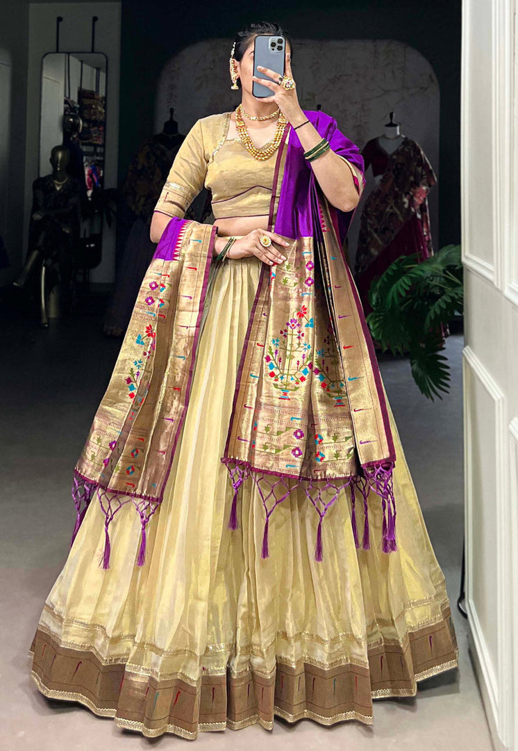 Beige Organza Circular Lehenga Choli
