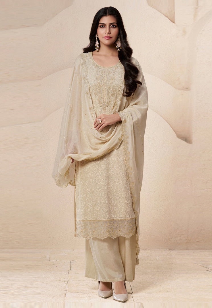 Beige Organza Embroidered Pakistani Suit