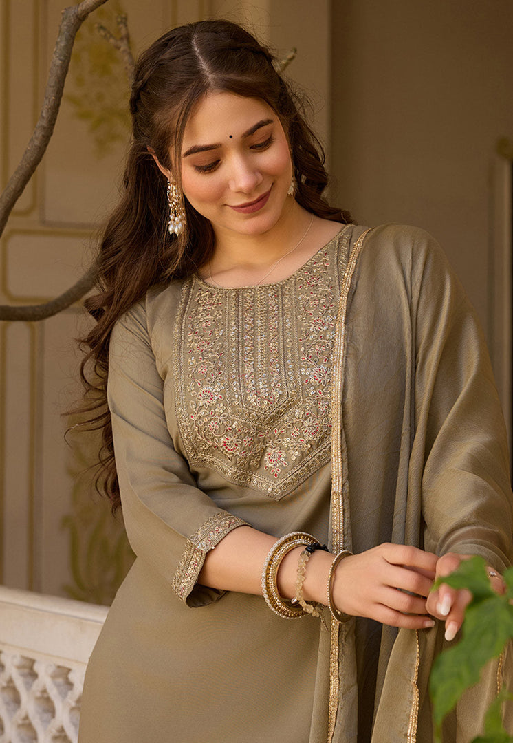 Beige Rayon Readymade Pant Style Suit