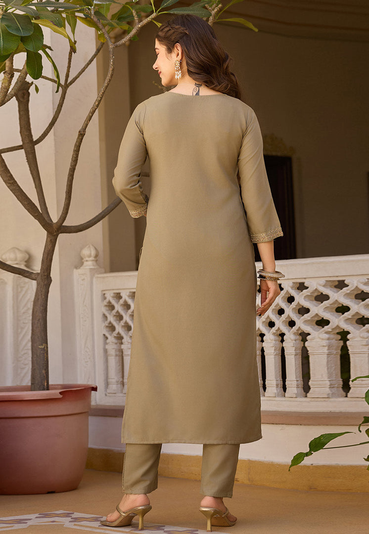 Beige Rayon Readymade Pant Style Suit