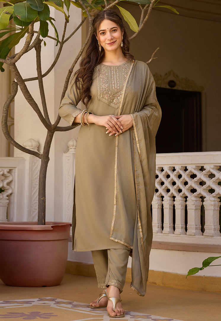 Beige Rayon Readymade Pant Style Suit