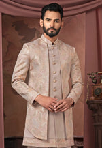 Load image into Gallery viewer, Beige Satin Jacket Style Sherwani
