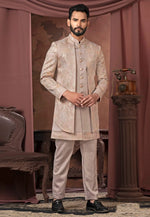 Load image into Gallery viewer, Beige Satin Jacket Style Sherwani
