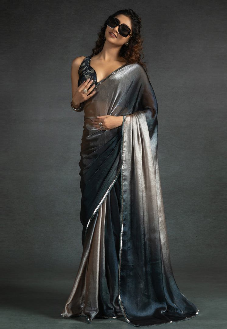 Beige Satin Silk Half N Half Saree