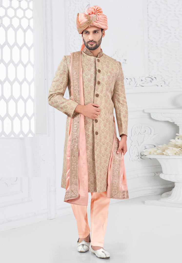 Beige Silk Achkan Style Sherwani