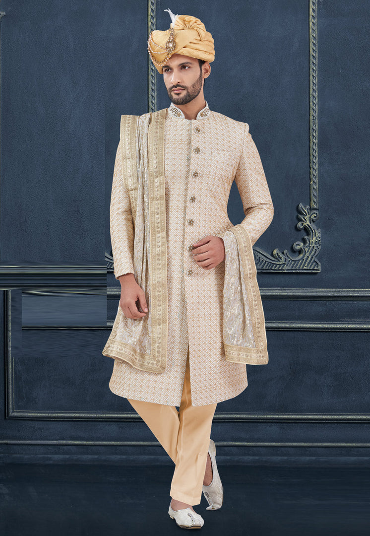 Beige Silk Achkan Style Sherwani