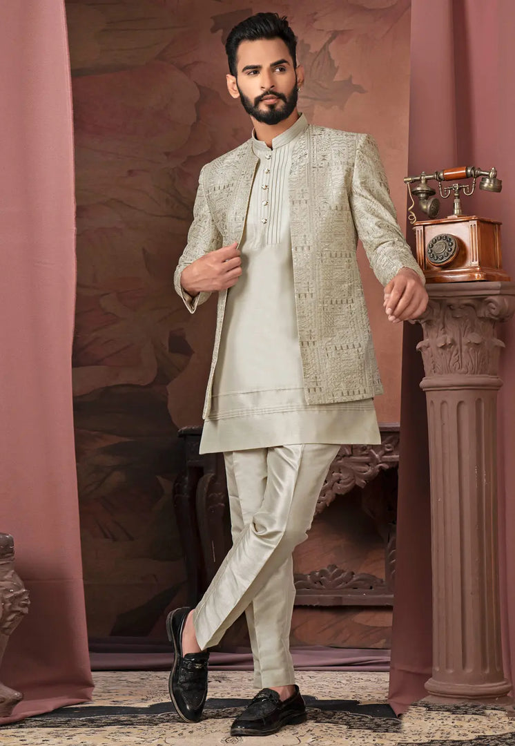 Beige Silk Indo Western Suit