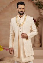 Load image into Gallery viewer, Beige Silk Jacket Style Sherwani
