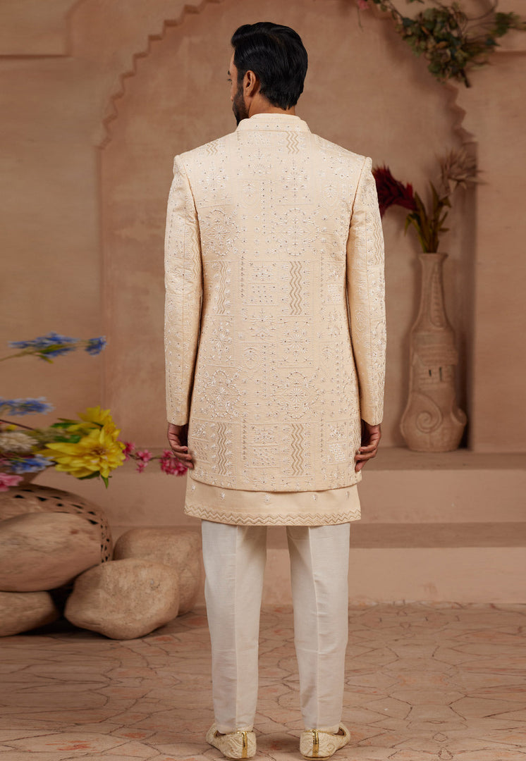 Beige Silk Jacket Style Sherwani