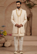 Load image into Gallery viewer, Beige Silk Jacket Style Sherwani
